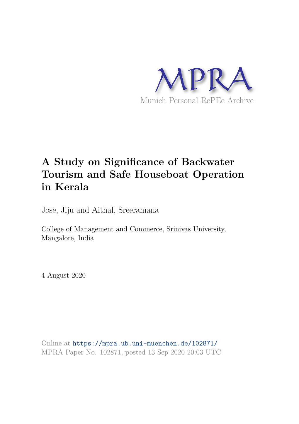 A Study on Significance of Backwater Tourism and Safe Houseboat