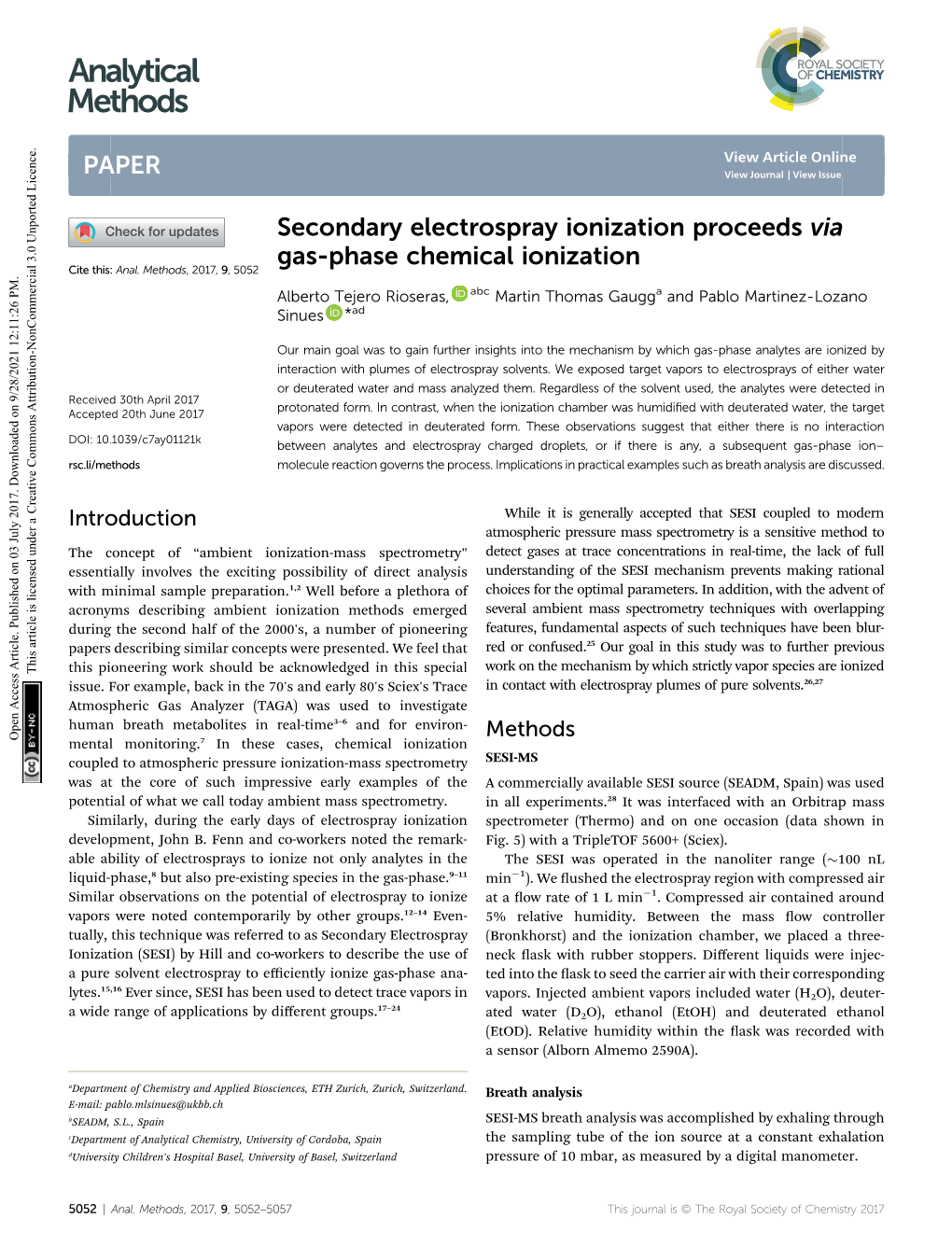 Secondary Electrospray Ionization Proceeds Via Gas-Phase Chemical Ionization Cite This: Anal