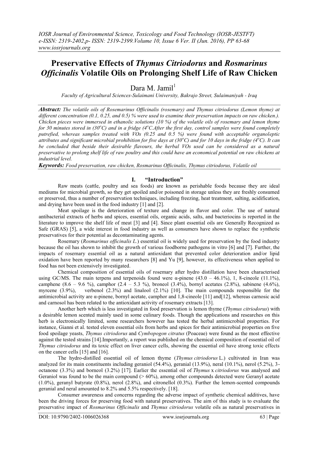 Preservative Effects of Thymus Citriodorus and Rosmarinus Officinalis Volatile Oils on Prolonging Shelf Life of Raw Chicken