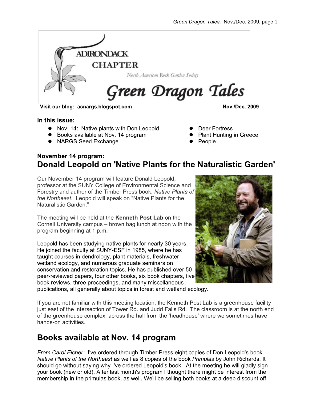 Donald Leopold on 'Native Plants for the Naturalistic Garden' Books Available at Nov. 14 Program