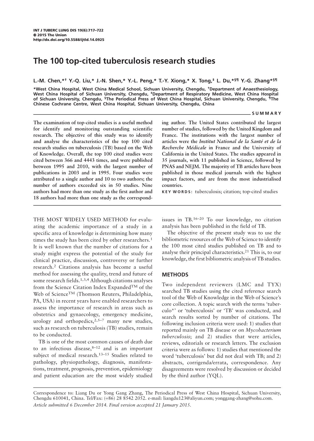 The 100 Top-Cited Tuberculosis Research Studies