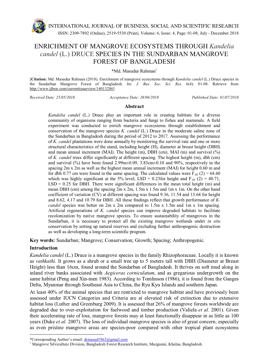 ENRICHMENT of MANGROVE ECOSYSTEMS THROUGH Kandelia Candel (L.) DRUCE SPECIES in the SUNDARBAN MANGROVE FOREST of BANGLADESH *Md