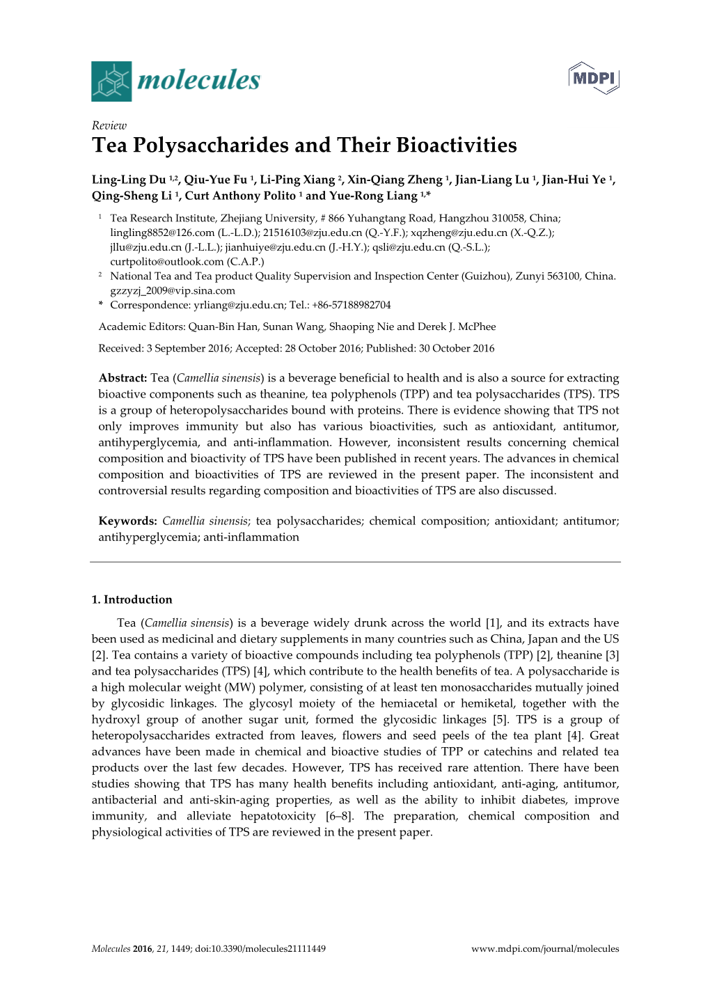 Tea Polysaccharides and Their Bioactivities