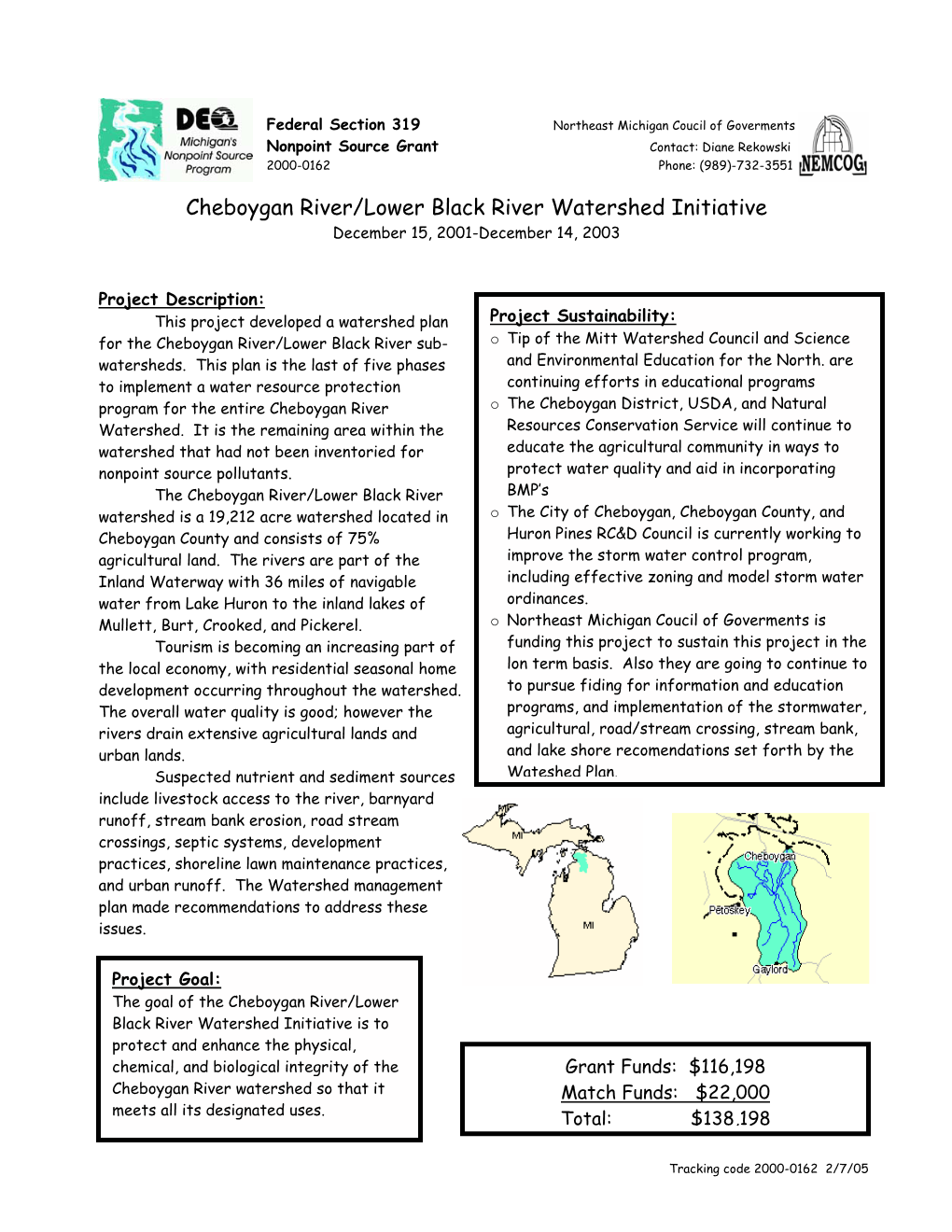 Cheboygan River/Lower Black River Watershed Initiative December 15, 2001-December 14, 2003