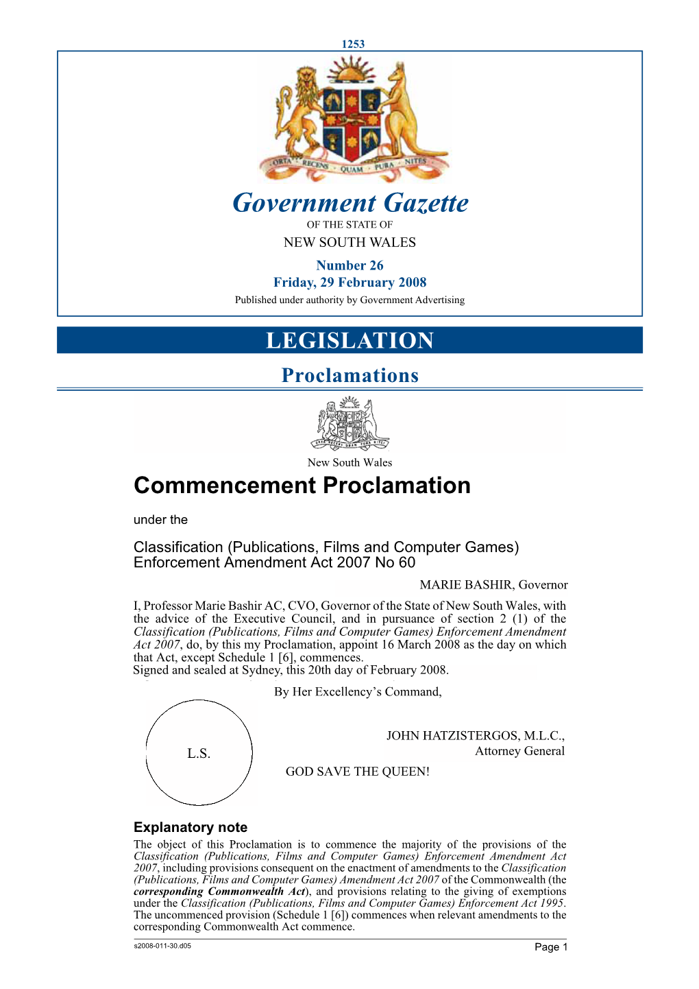 Government Gazette of the STATE of NEW SOUTH WALES Number 26 Friday, 29 February 2008 Published Under Authority by Government Advertising