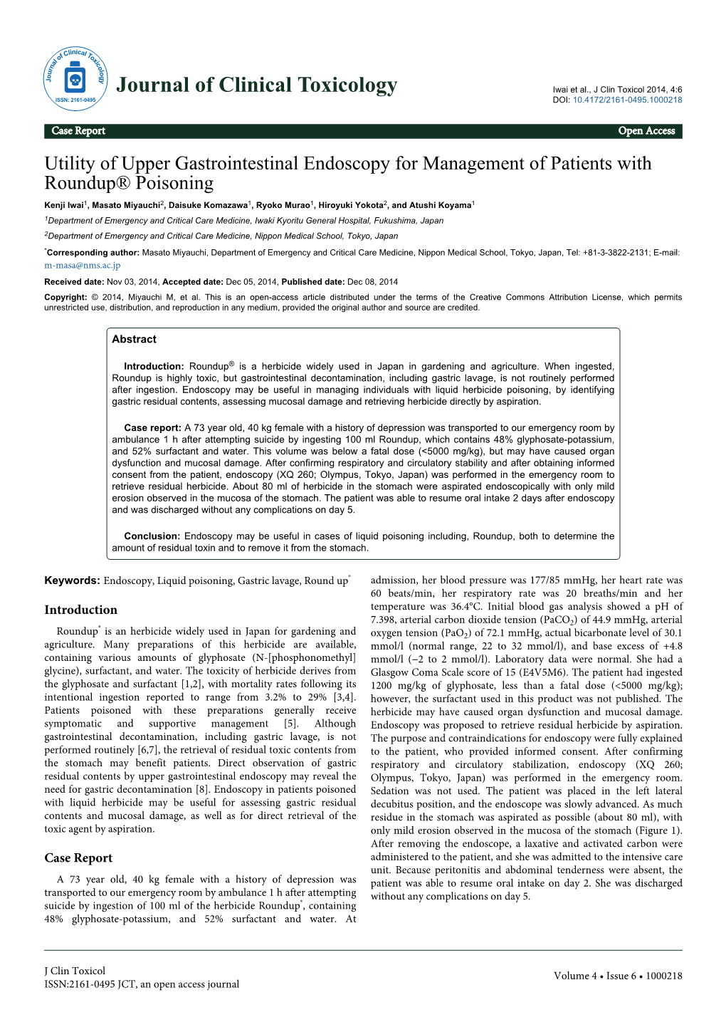 Journal of Clinical Toxicology Iwai Et Al., J Clin Toxicol 2014, 4:6 ISSN: 2161-0495 DOI: 10.4172/2161-0495.1000218