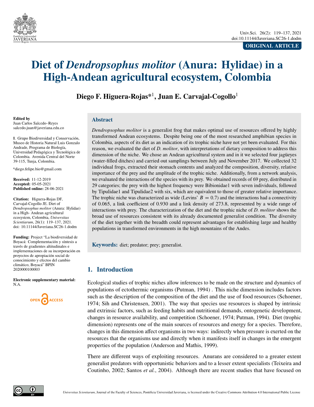 Diet of Dendropsophus Molitor (Anura: Hylidae) in a High-Andean Agricultural Ecosystem, Colombia