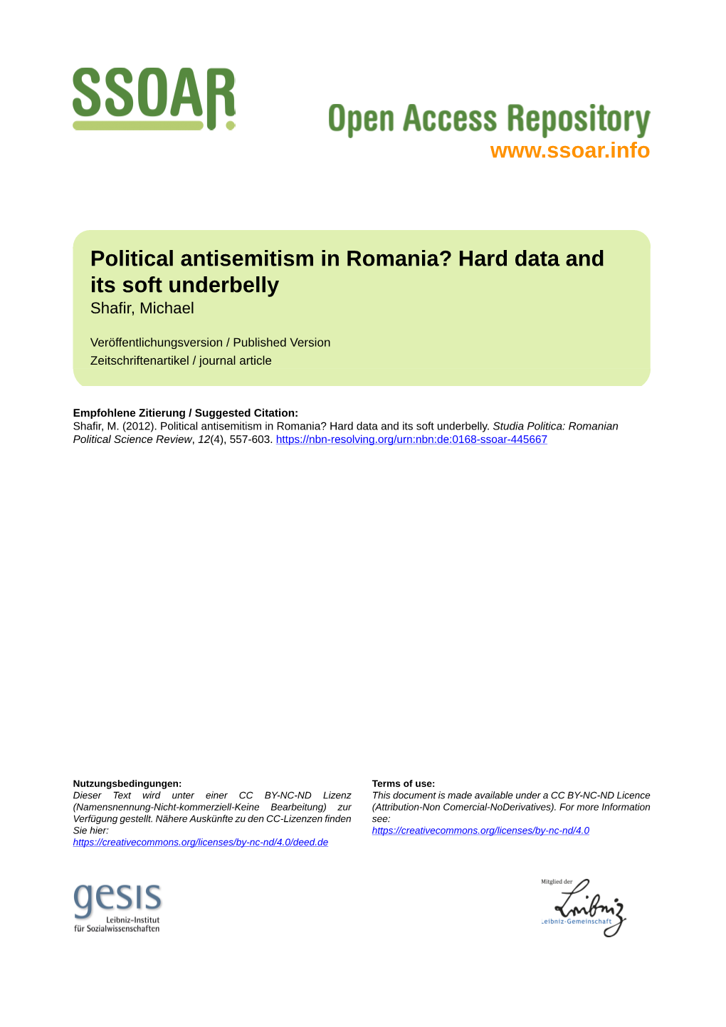 Political Antisemitism in Romania? Hard Data and Its Soft Underbelly Shafir, Michael