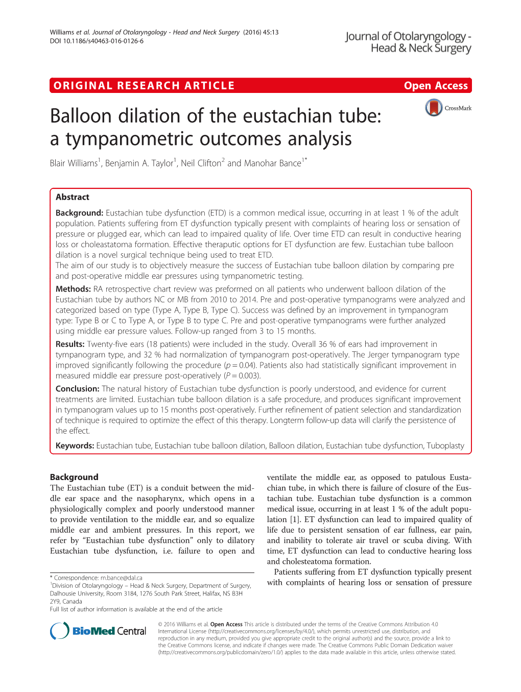 Balloon Dilation of the Eustachian Tube: a Tympanometric Outcomes Analysis Blair Williams1, Benjamin A