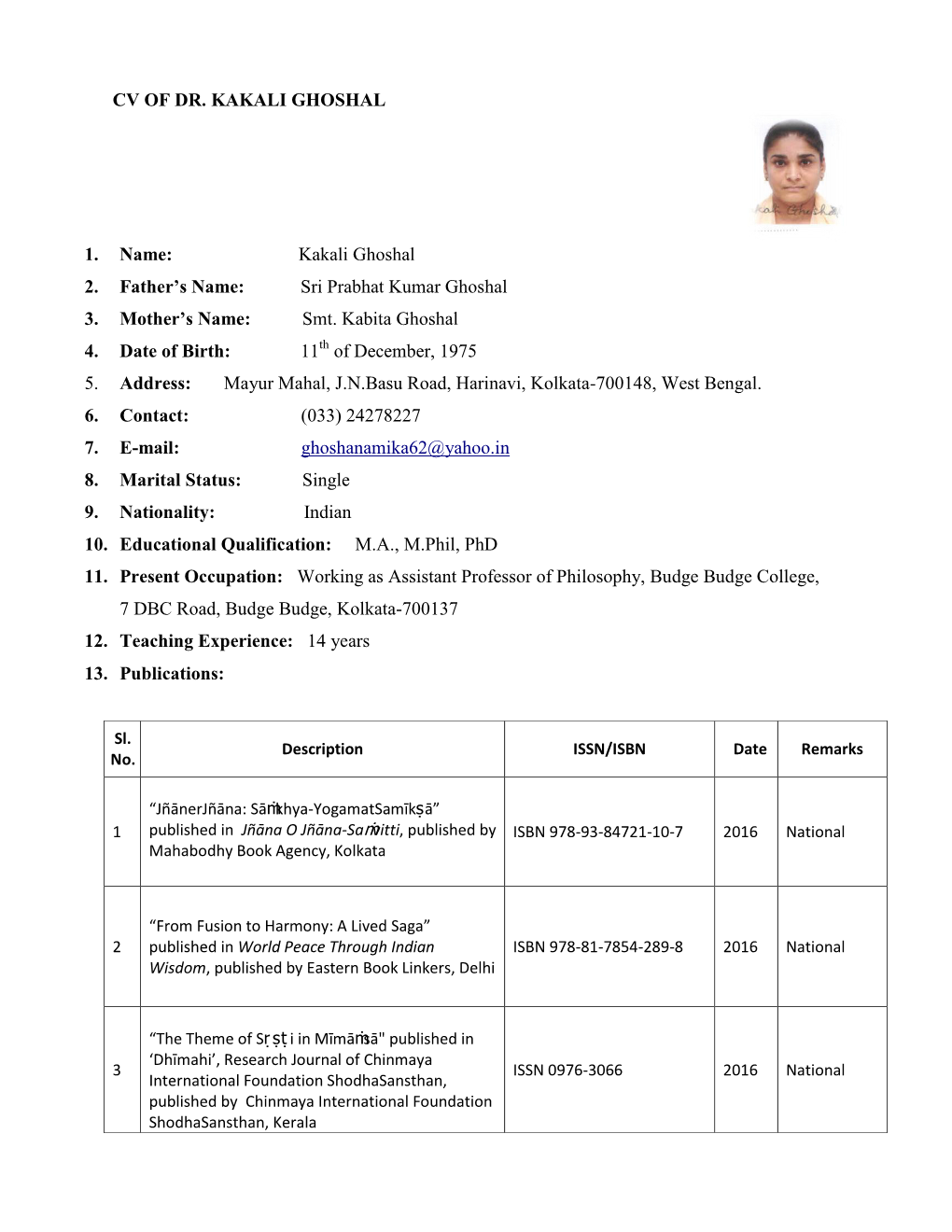 CV of DR. KAKALI GHOSHAL 1. Name