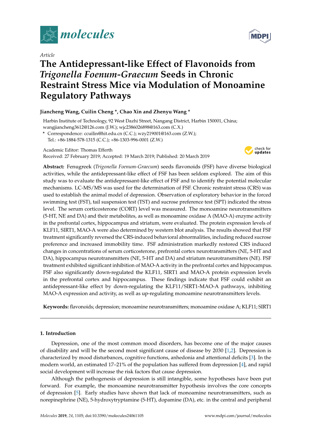 The Antidepressant-Like Effect of Flavonoids from Trigonella Foenum-Graecum Seeds in Chronic Restraint Stress Mice Via Modulation of Monoamine Regulatory Pathways