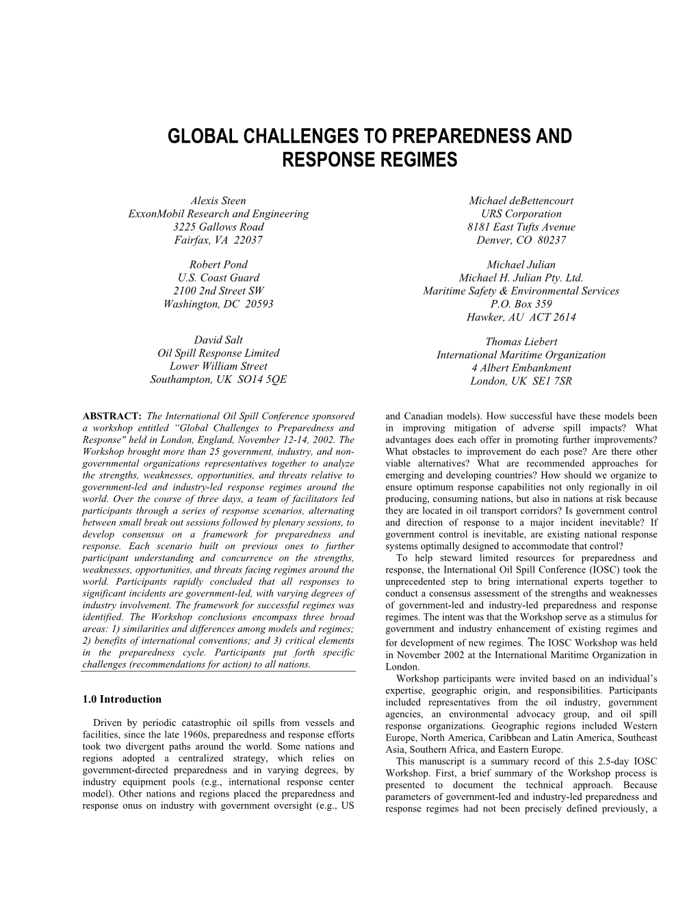 Global Challenges to Preparedness and Response Regimes