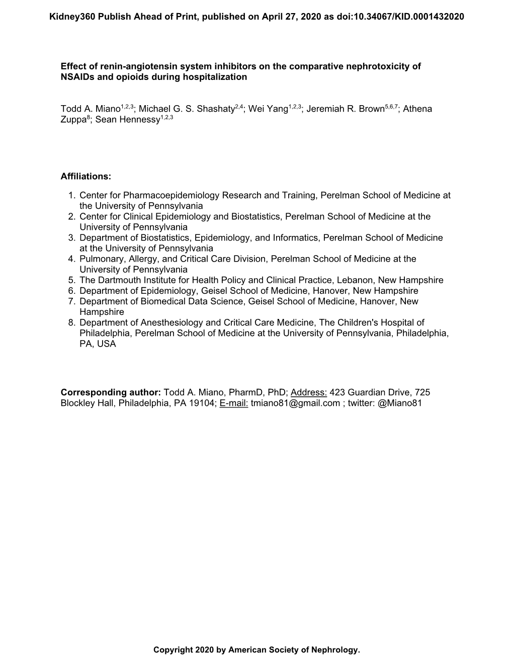 Effect of Renin-Angiotensin System Inhibitors on the Comparative Nephrotoxicity of Nsaids and Opioids During Hospitalization