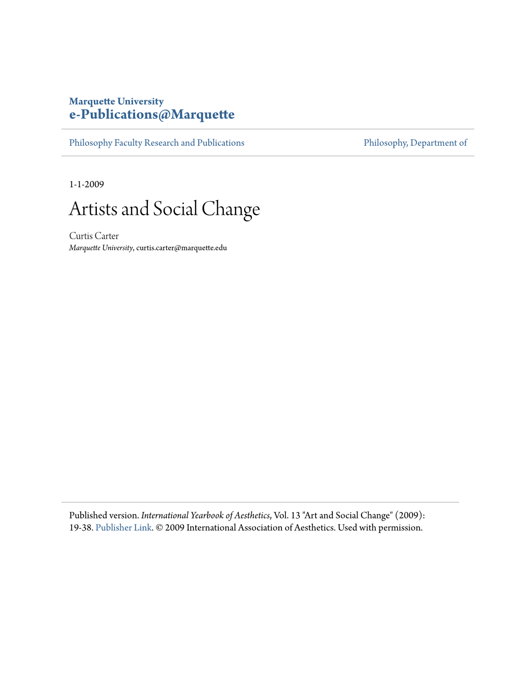 Artists and Social Change Curtis Carter Marquette University, Curtis.Carter@Marquette.Edu