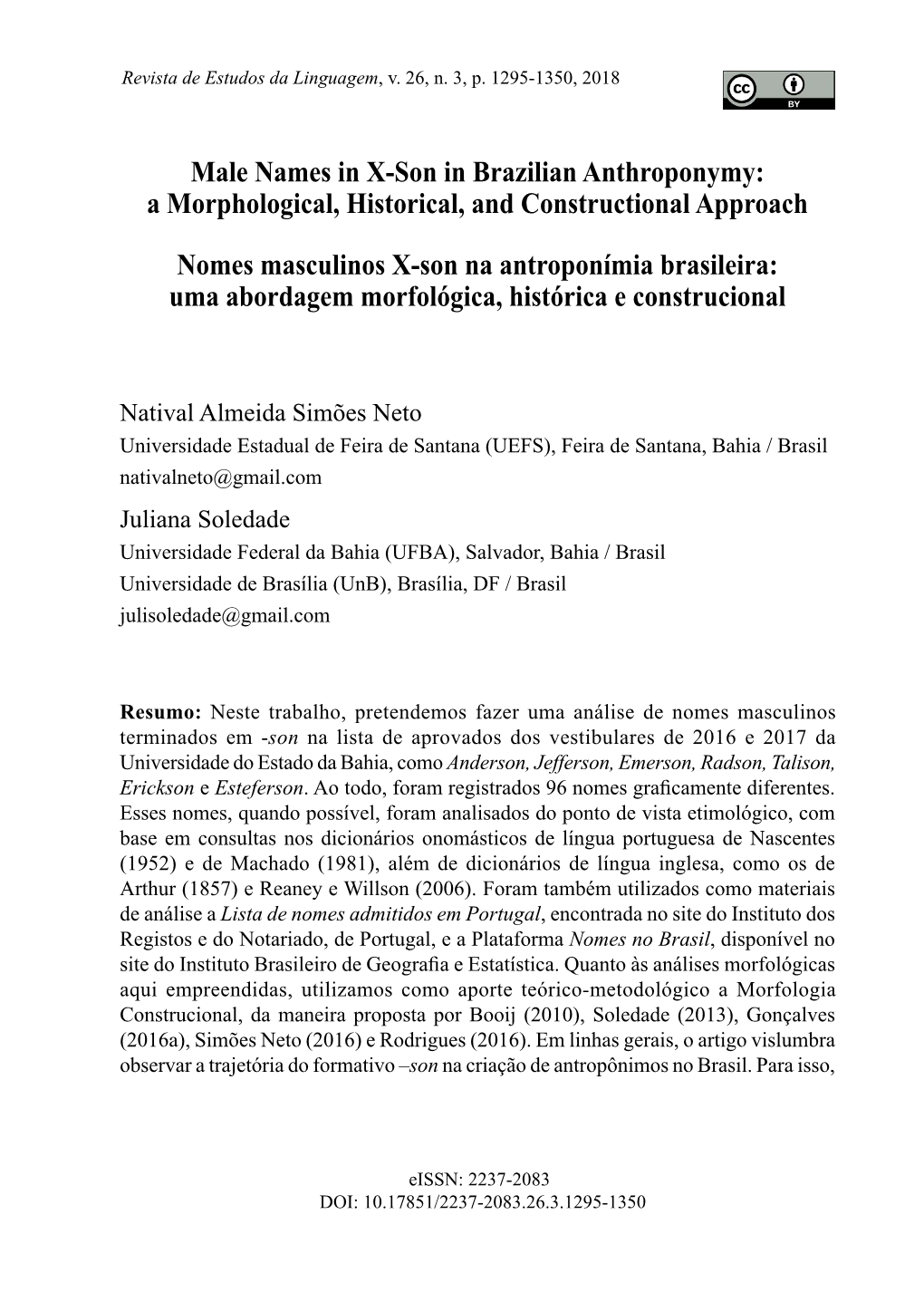 Male Names in X-Son in Brazilian Anthroponymy: a Morphological, Historical, and Constructional Approach