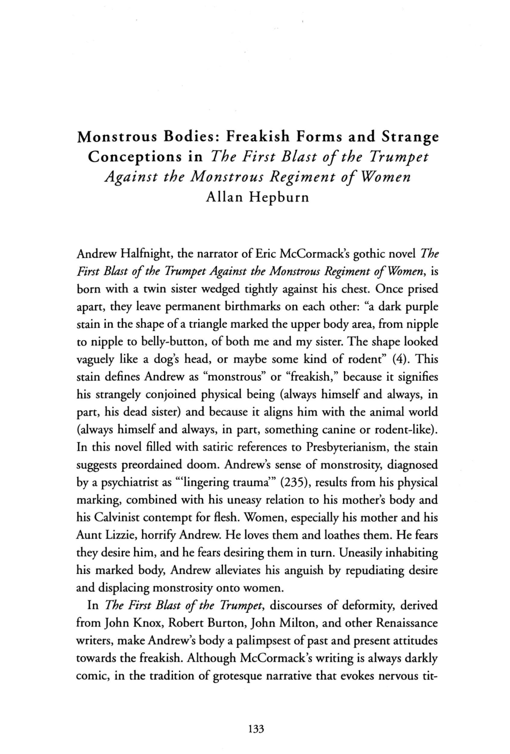 Freakish Forms and Strange Conceptions in the First Blast of the Trumpet Against the Monstrous Regiment of Women Allan Hepburn