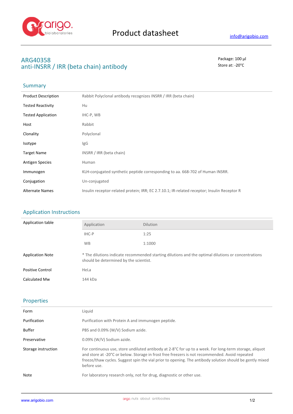 Anti-INSRR / IRR (Beta Chain) Antibody (ARG40358)