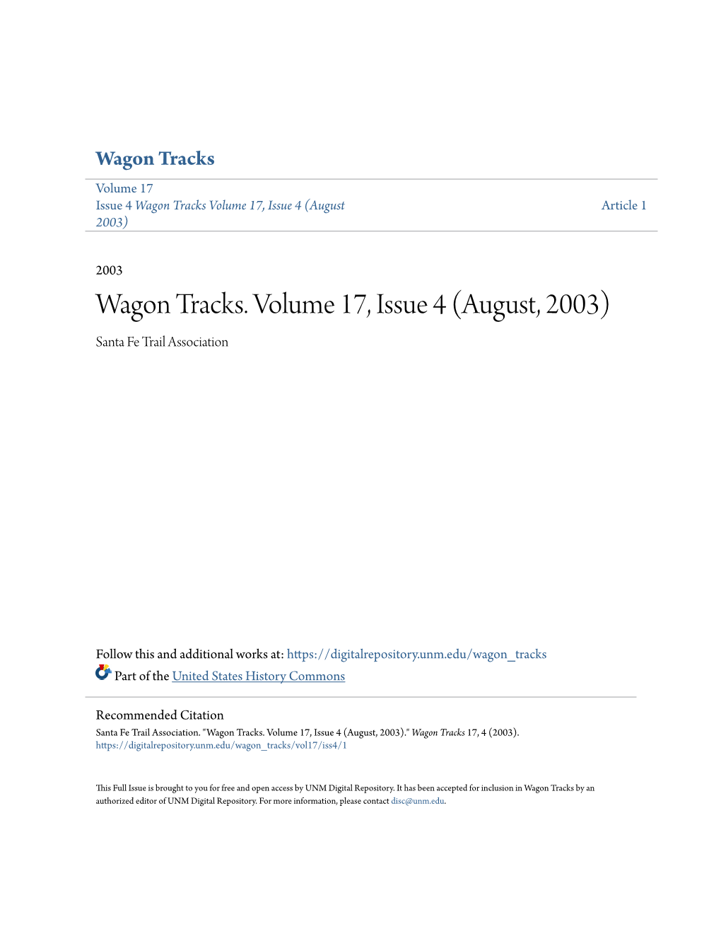 Wagon Tracks. Volume 17, Issue 4 (August, 2003) Santa Fe Trail Association