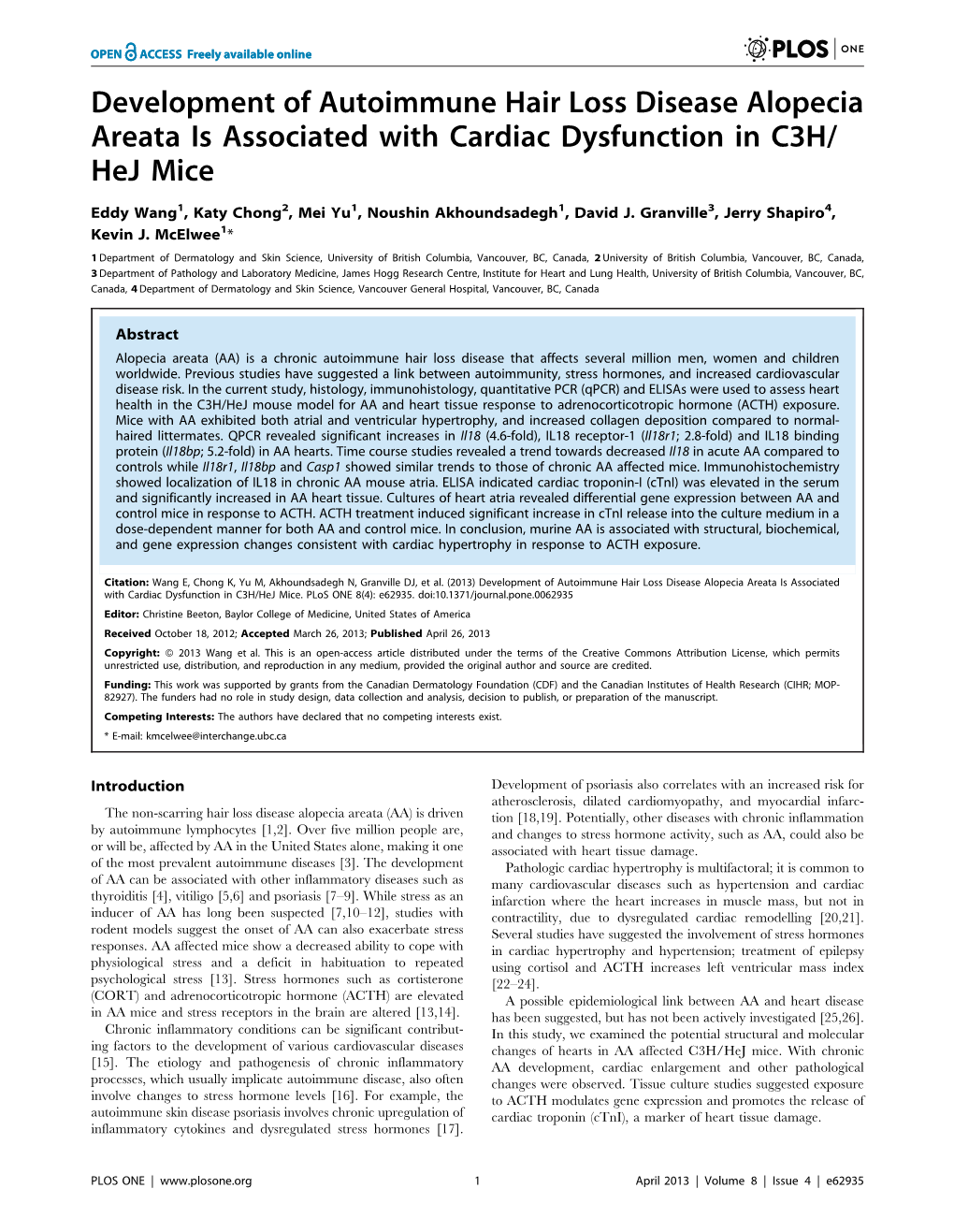 Development of Autoimmune Hair Loss Disease Alopecia Areata Is Associated with Cardiac Dysfunction in C3H/ Hej Mice