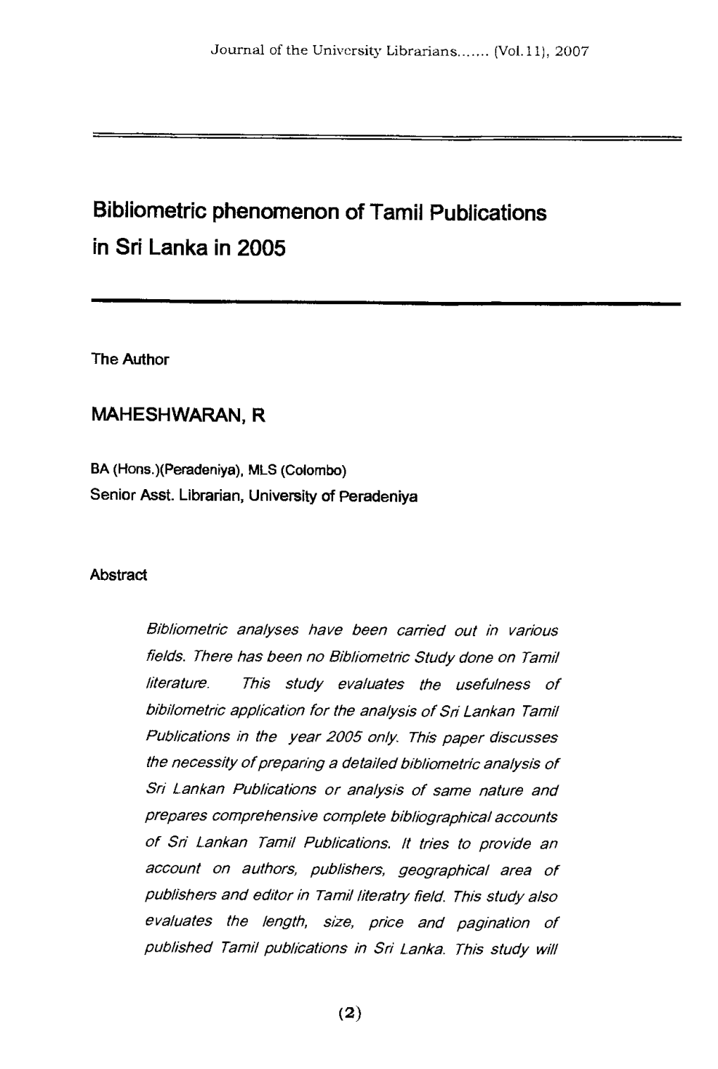 Bibliometric Phenomenon of Tamil Publications in Sri Lanka in 2005