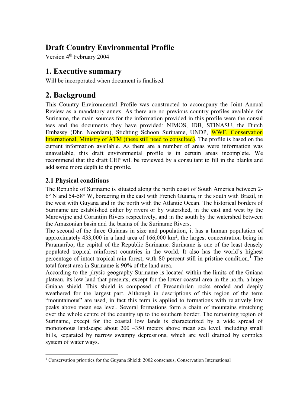 Draft Country Environmental Profile Version 4Th February 2004 1