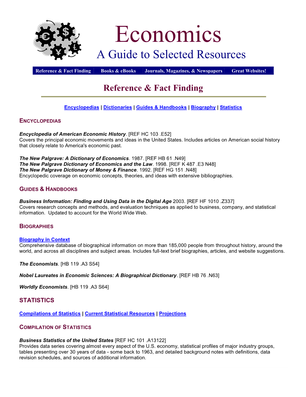 Economics a Guide to Selected Resources