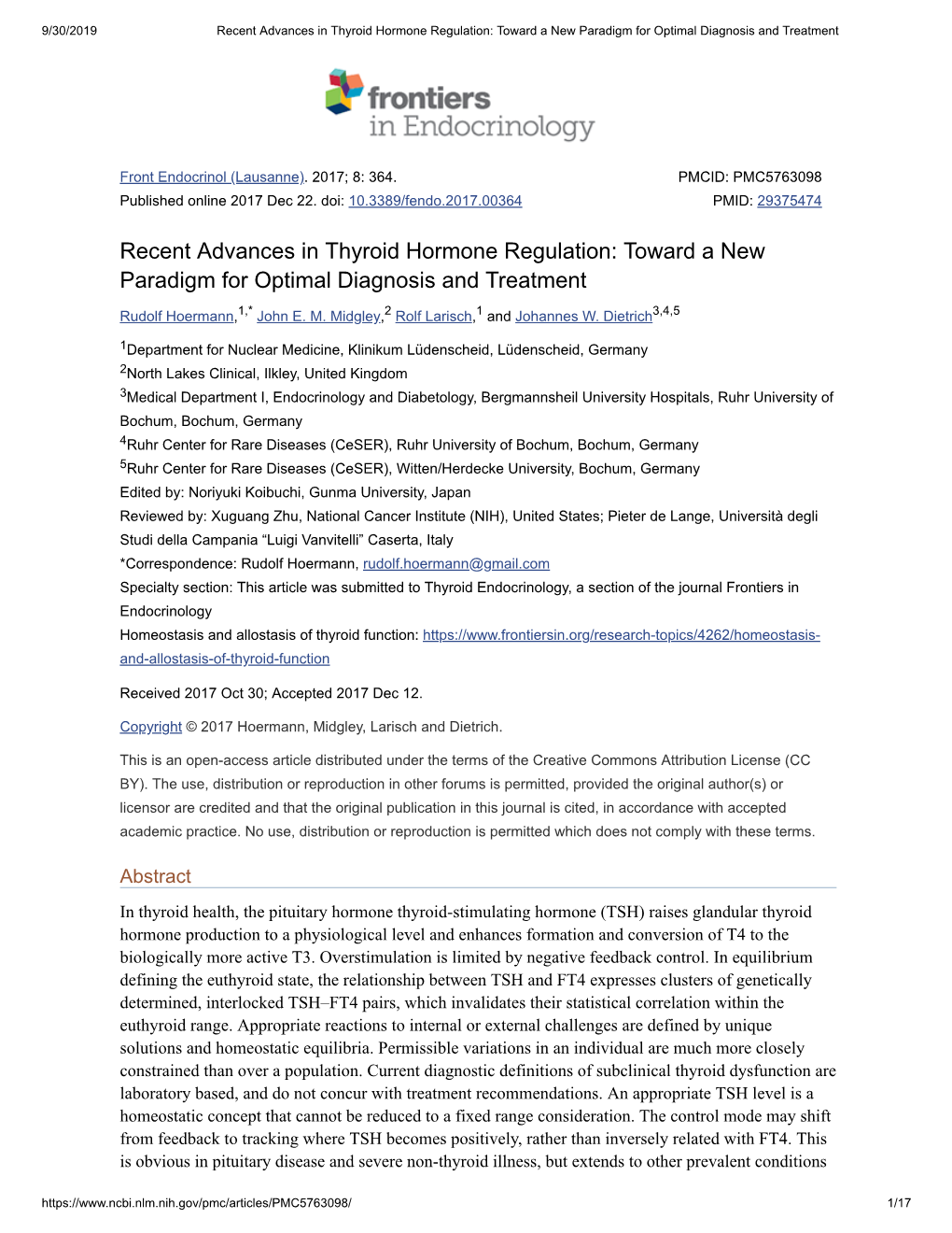 Recent Advances in Thyroid Hormone Regulation: Toward a New Paradigm for Optimal Diagnosis and Treatment