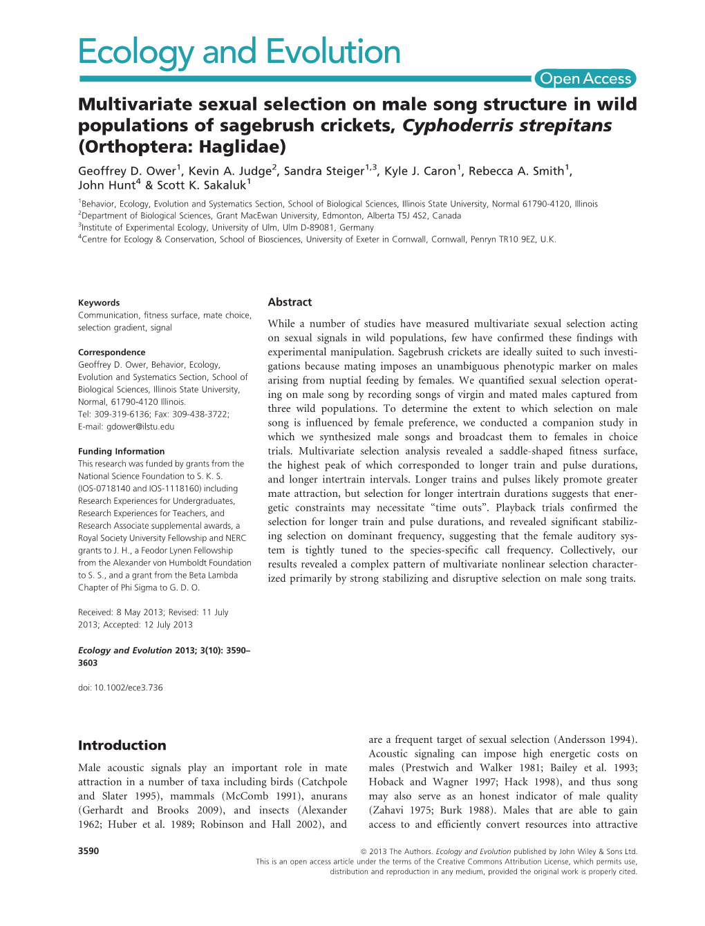 Multivariate Sexual Selection on Male Song Structure in Wild Populations of Sagebrush Crickets, Cyphoderris Strepitans (Orthoptera: Haglidae) Geoffrey D