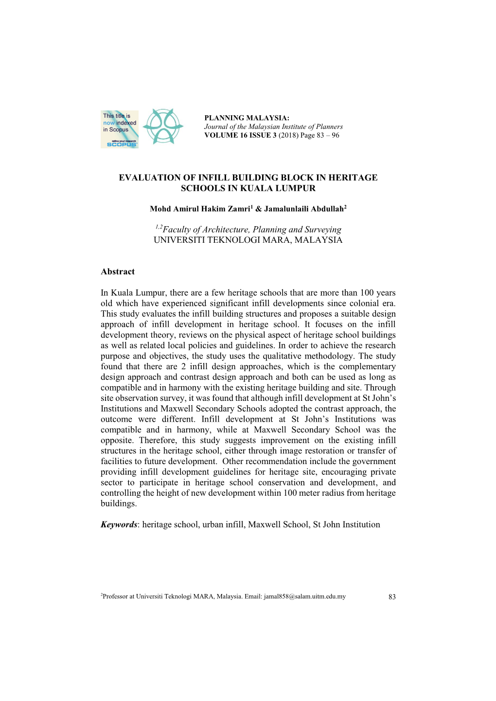 Evaluation of Infill Building Block in Heritage Schools in Kuala Lumpur