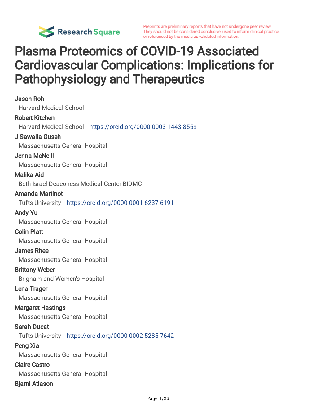 Plasma Proteomics of COVID-19 Associated Cardiovascular Complications: Implications for Pathophysiology and Therapeutics