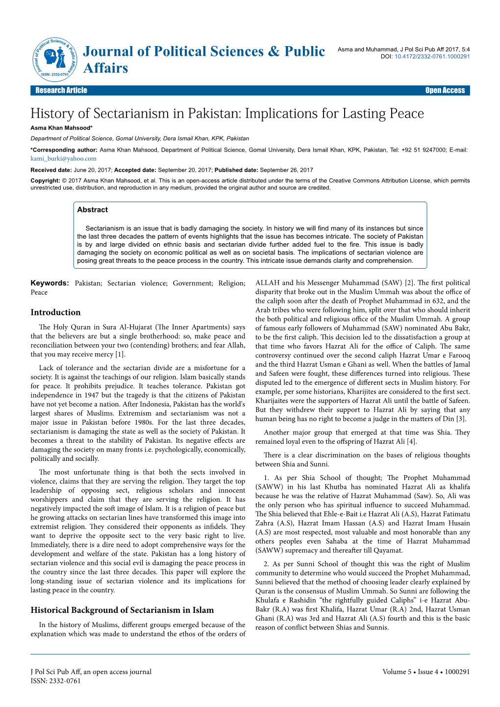 History of Sectarianism in Pakistan: Implications for Lasting Peace