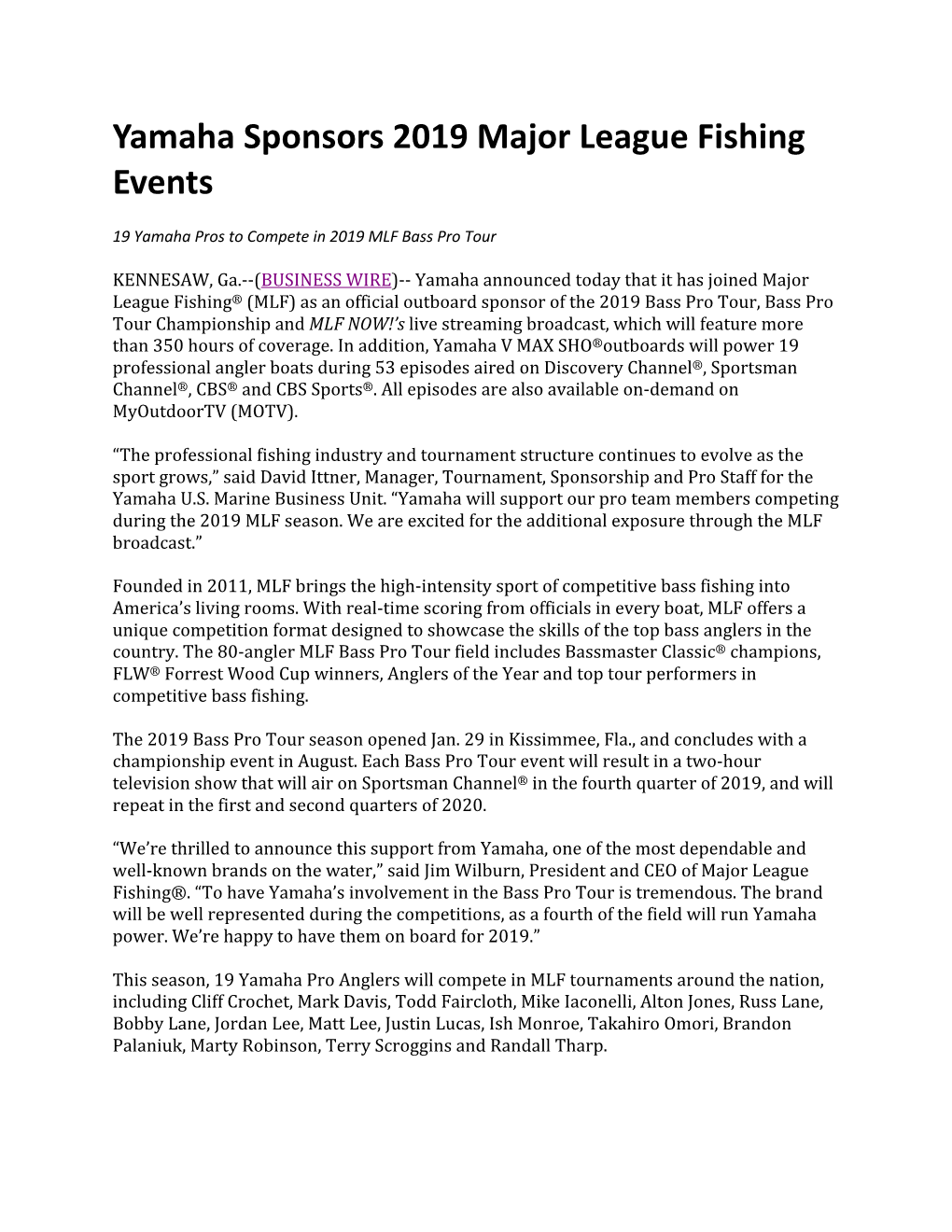 Yamaha Sponsors 2019 Major League Fishing Events