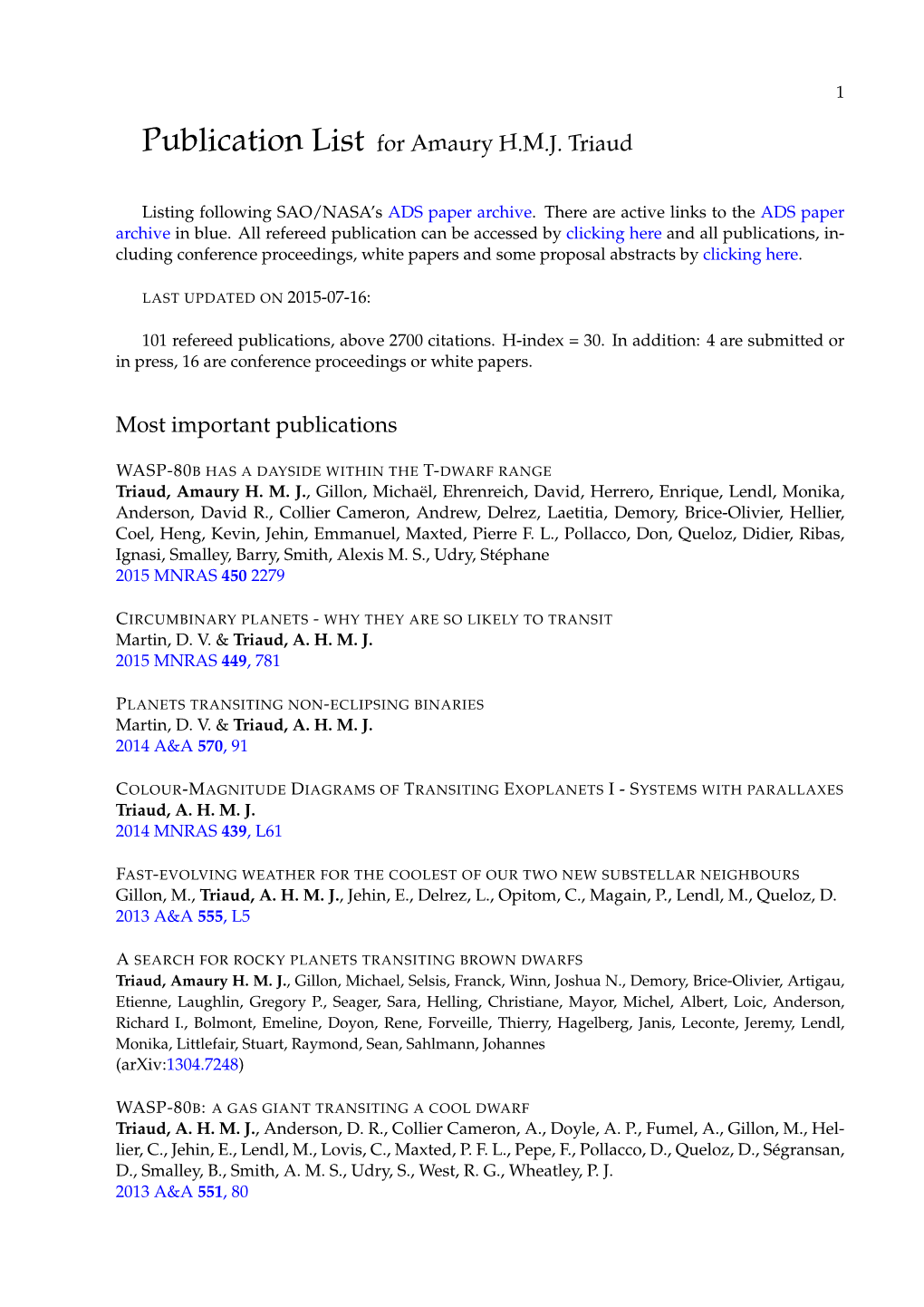 Publication List for Amaury H.M.J. Triaud Most Important Publications