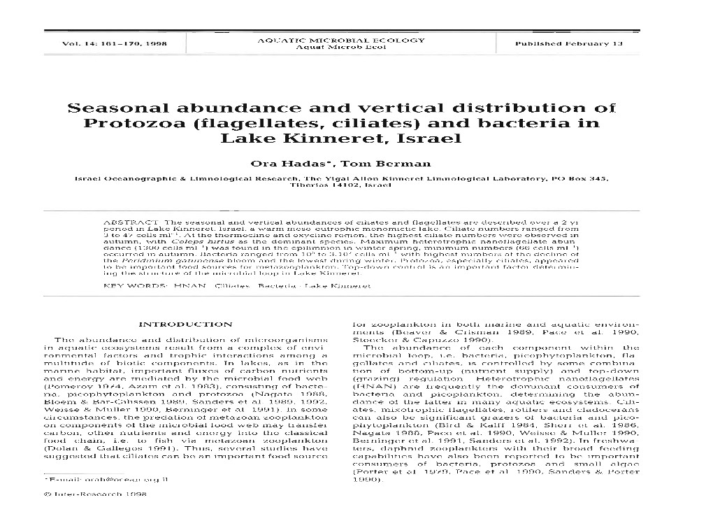Flagellates, Ciliates) and Bacteria in Lake Kinneret, Israel