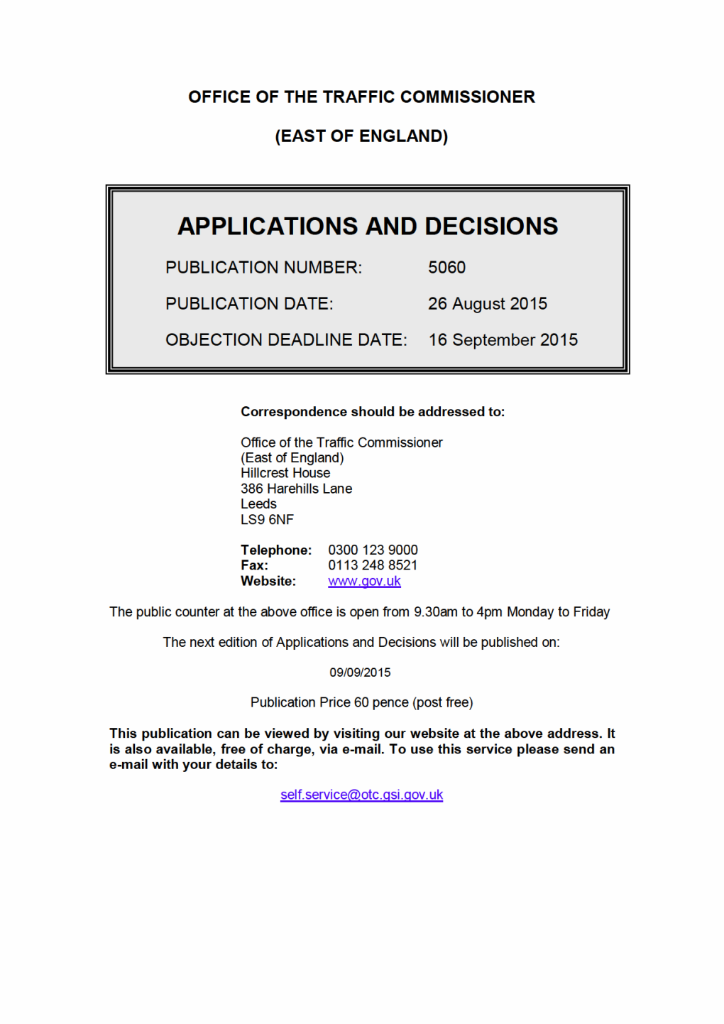 Applications and Decisions for the Office of the Traffic Commissioners (East of England)