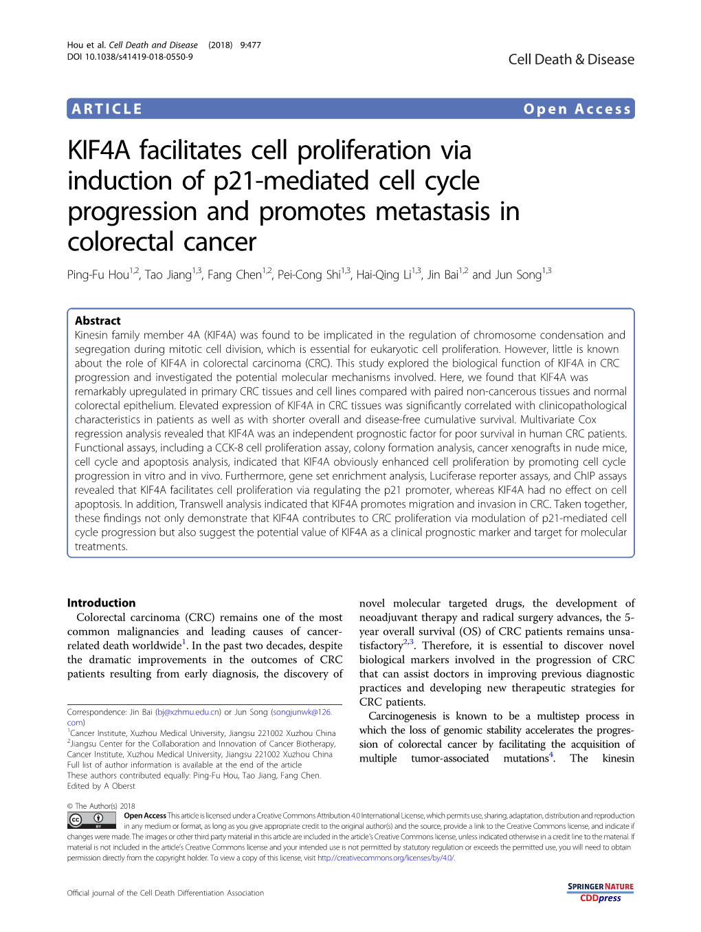 KIF4A Facilitates Cell Proliferation Via Induction of P21-Mediated Cell Cycle