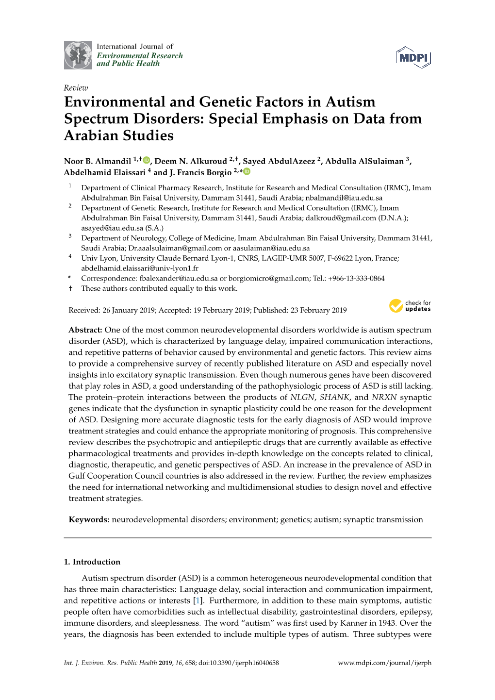 Environmental and Genetic Factors in Autism Spectrum Disorders: Special Emphasis on Data from Arabian Studies