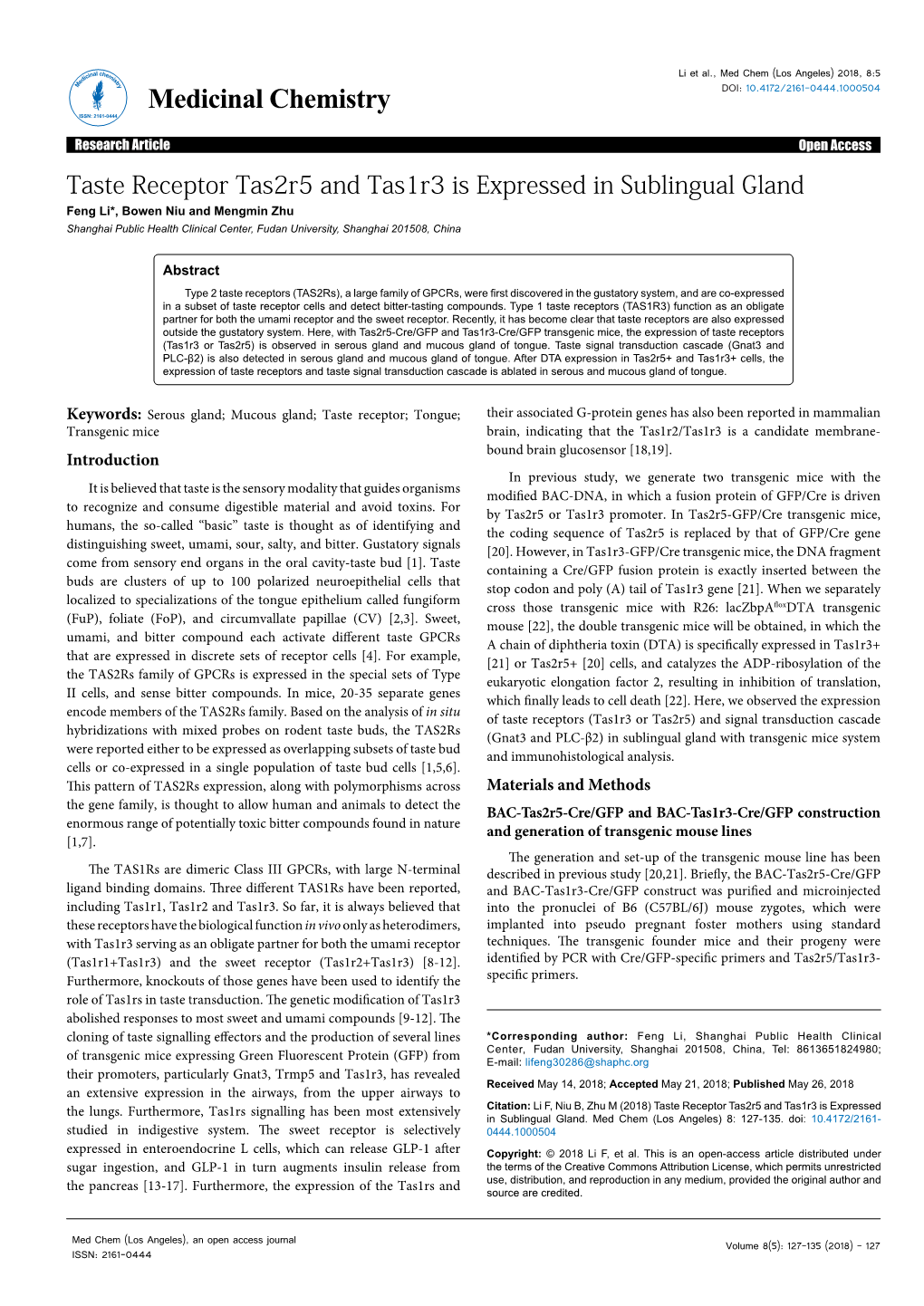 Taste Receptor Tas2r5 and Tas1r3 Is Expressed in Sublingual Gland