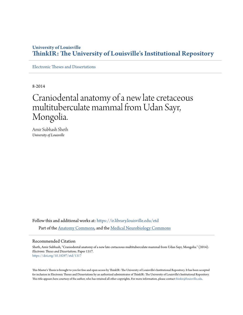 Craniodental Anatomy of a New Late Cretaceous Multituberculate Mammal from Udan Sayr, Mongolia