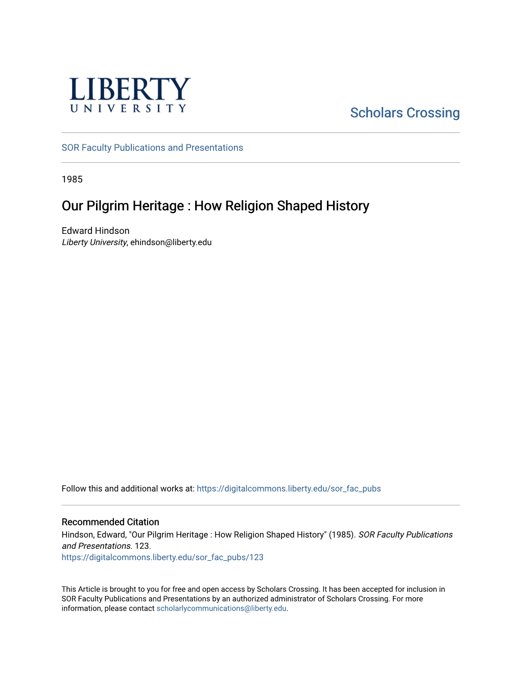 Our Pilgrim Heritage : How Religion Shaped History