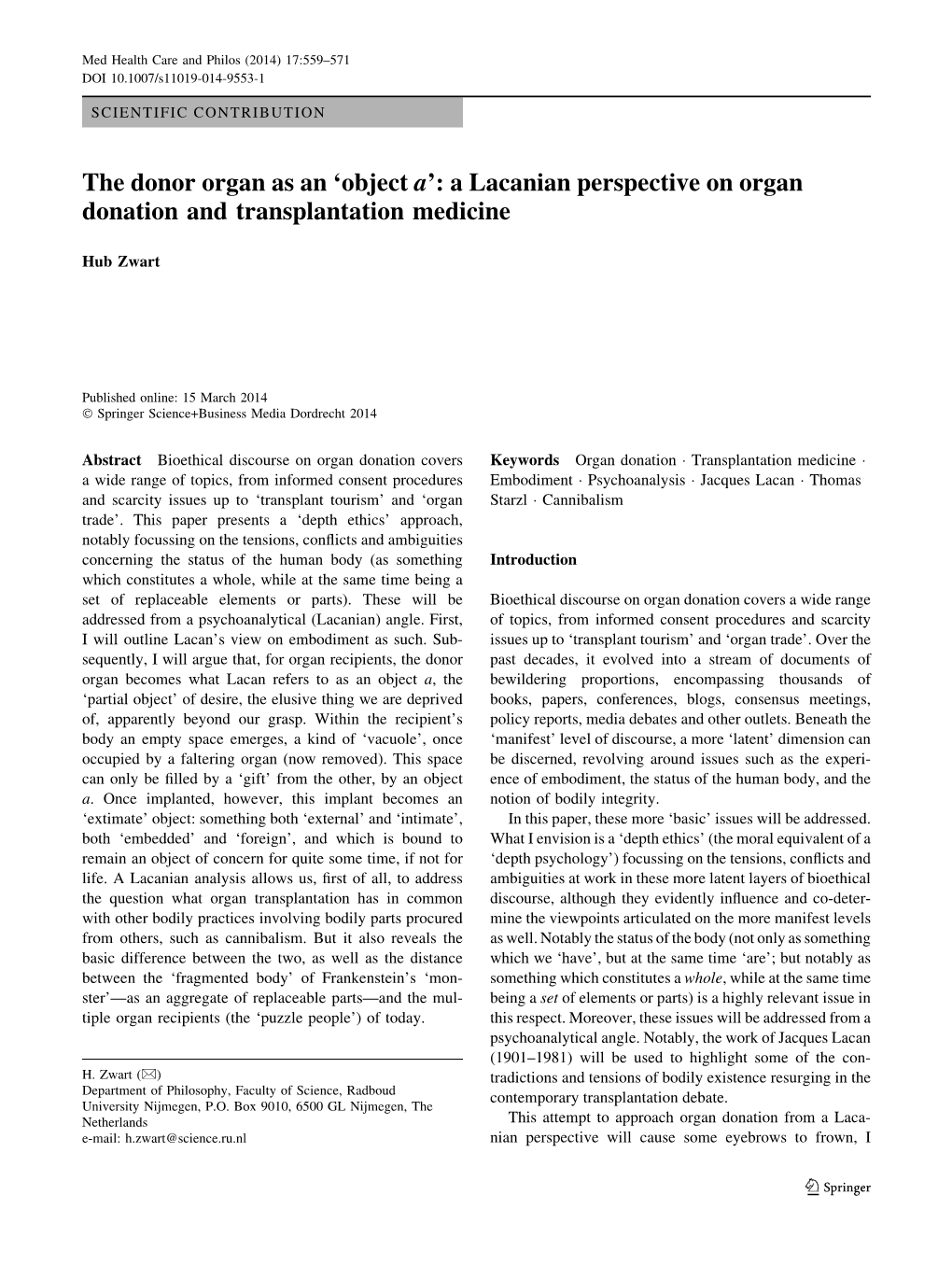 A Lacanian Perspective on Organ Donation and Transplantation Medicine