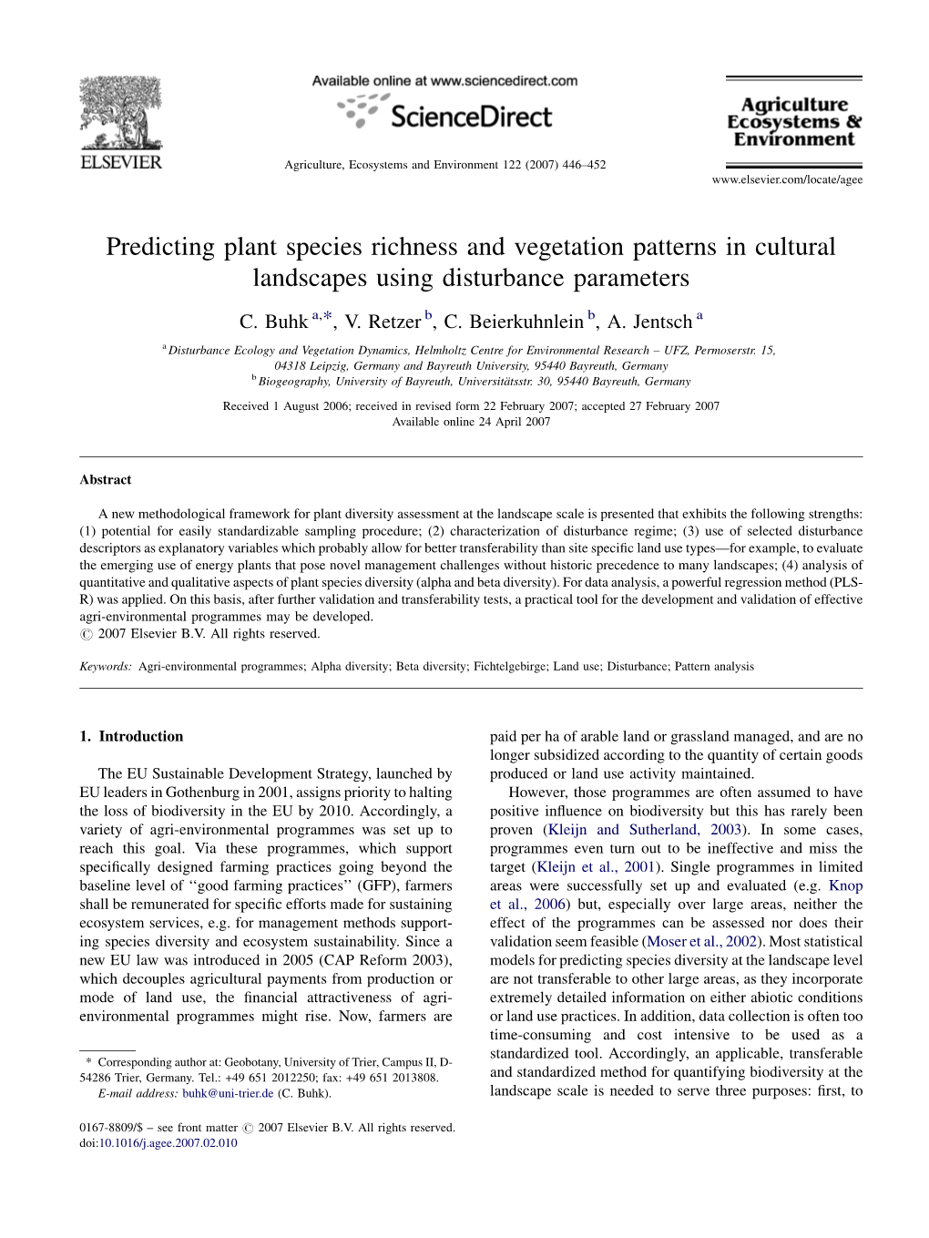 Predicting Plant Species Richness and Vegetation Patterns in Cultural Landscapes Using Disturbance Parameters