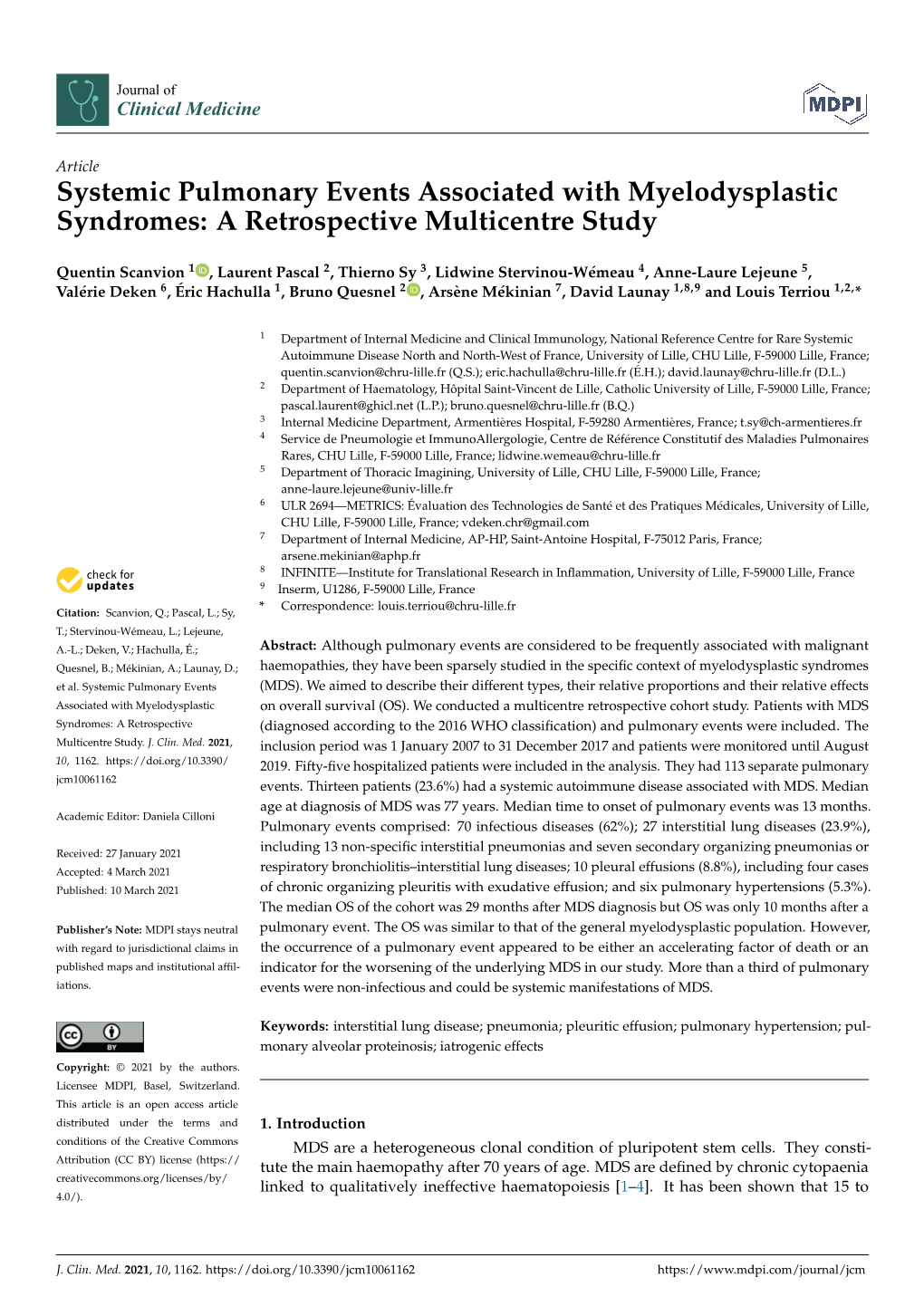 Systemic Pulmonary Events Associated with Myelodysplastic Syndromes: a Retrospective Multicentre Study