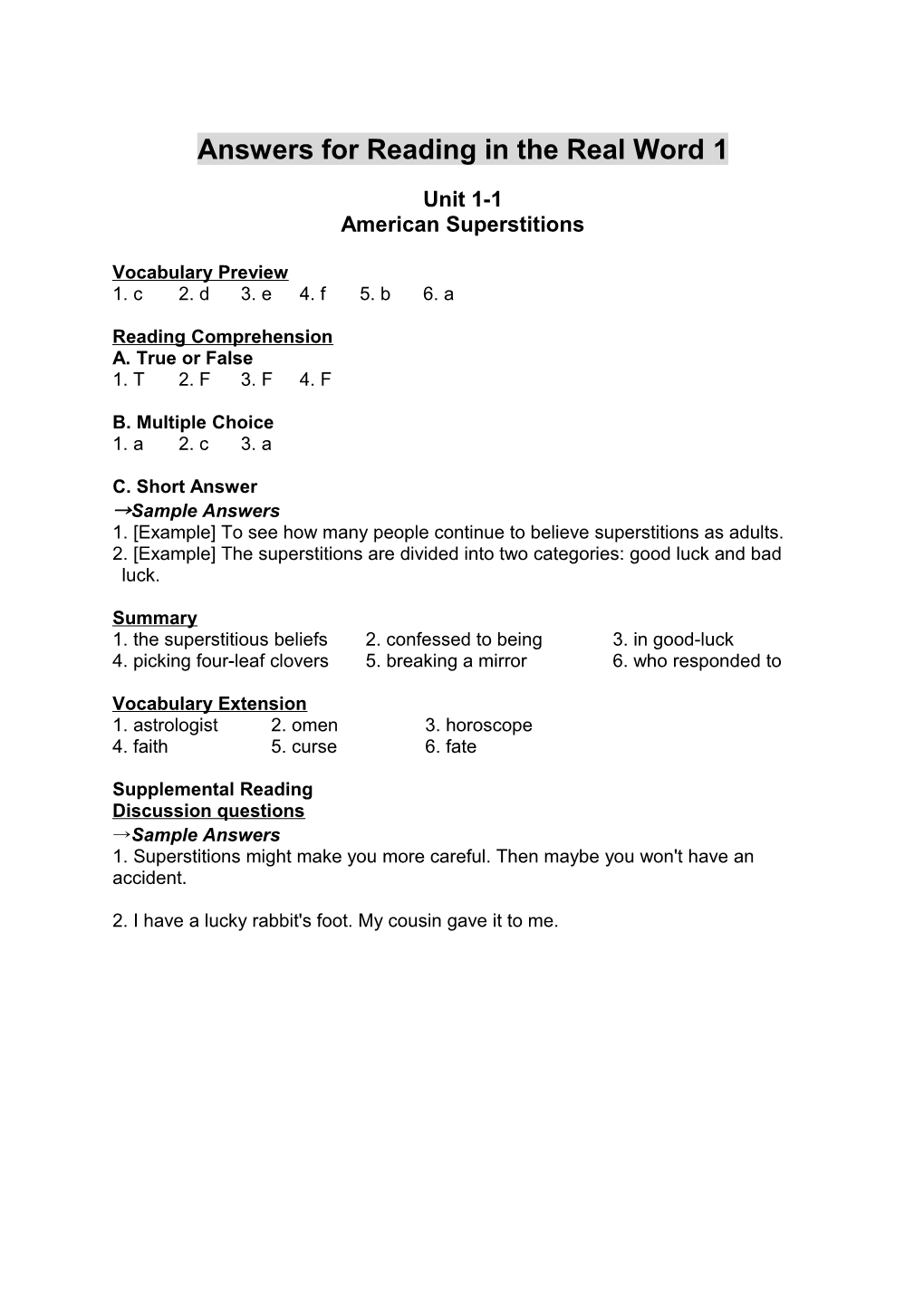 Answers for Reading in the Real Word 1