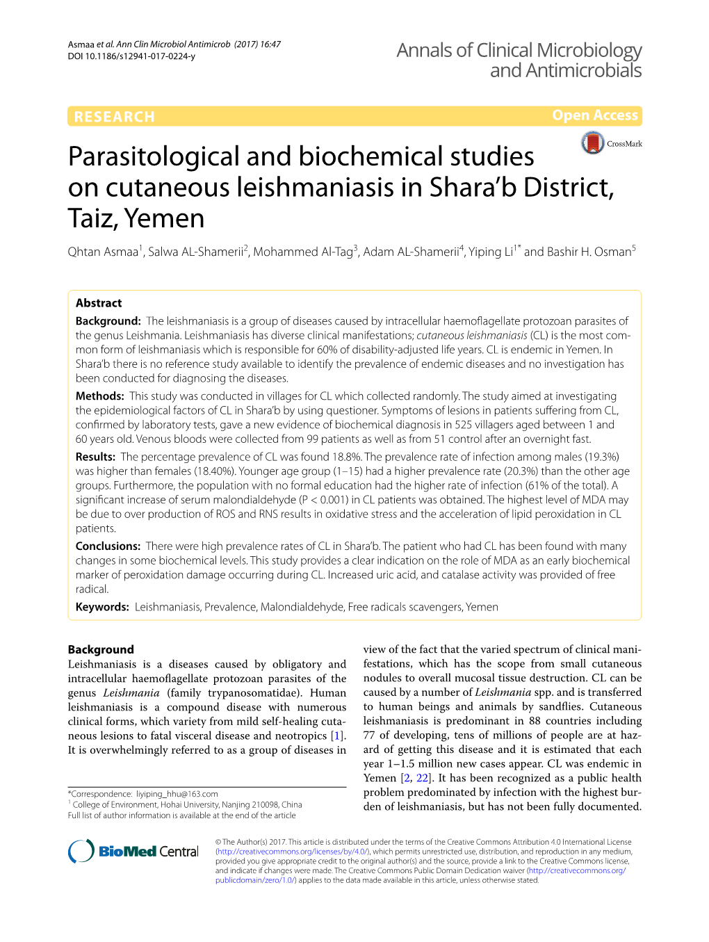 Parasitological and Biochemical Studies on Cutaneous Leishmaniasis in Shara'b District, Taiz, Yemen