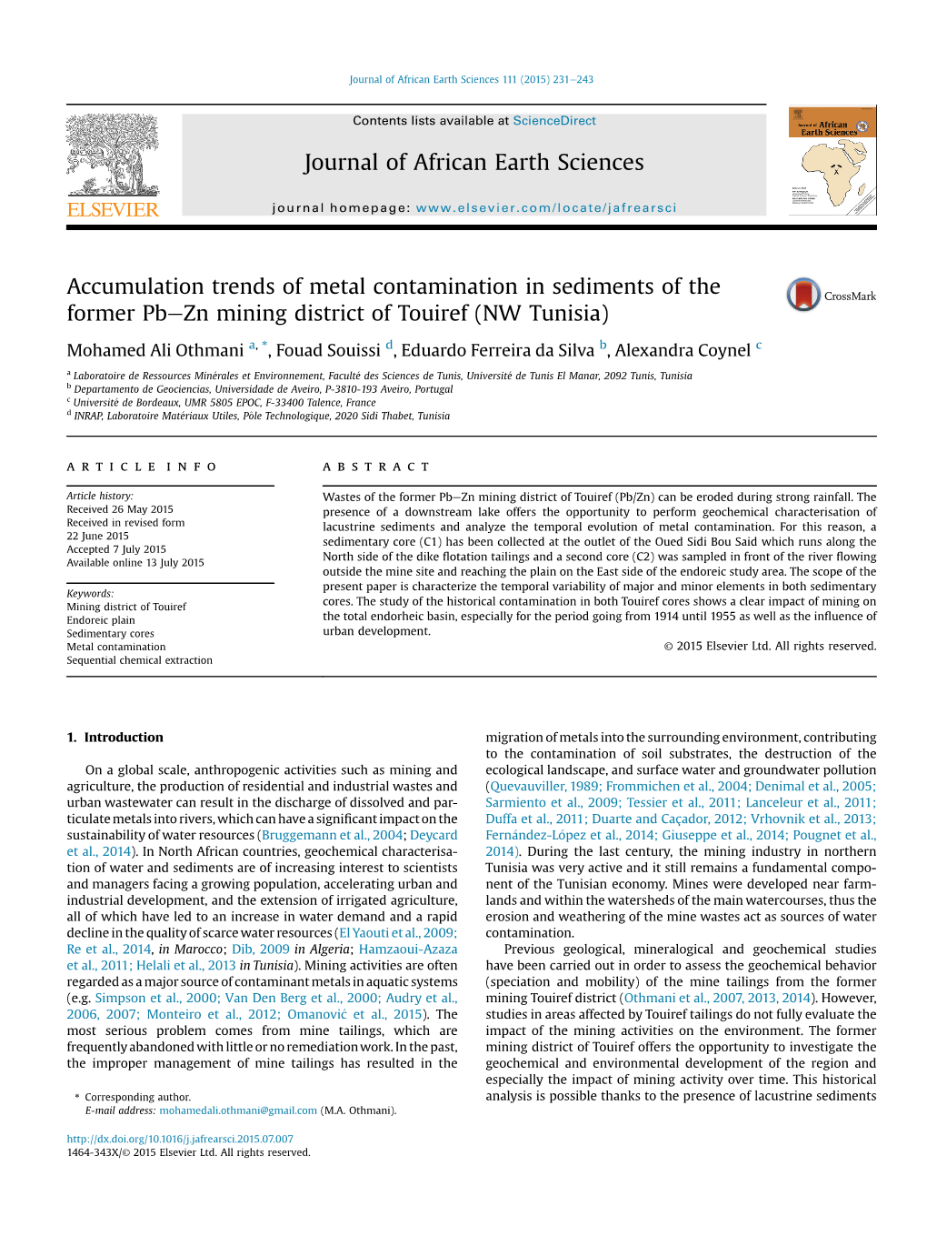 Accumulation Trends of Metal Contamination in Sediments of the Former Pbezn Mining District of Touiref (NW Tunisia)