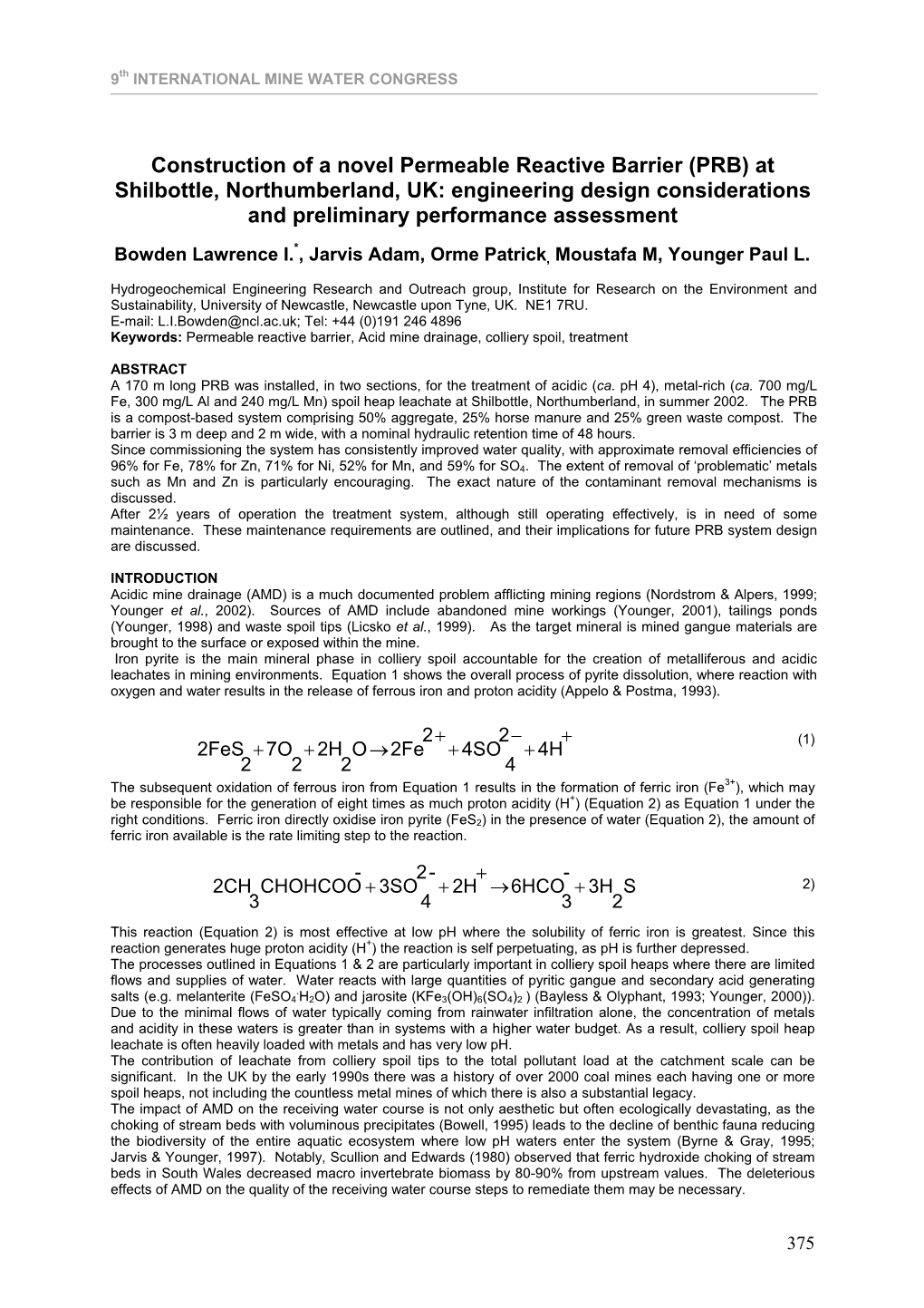 (PRB) at Shilbottle, Northumberland, UK: Engineering Design Considerations and Preliminary Performance Assessment