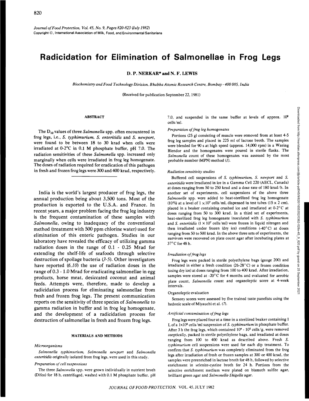 Radicidation for Elimination of Salmonellae in Frog Legs