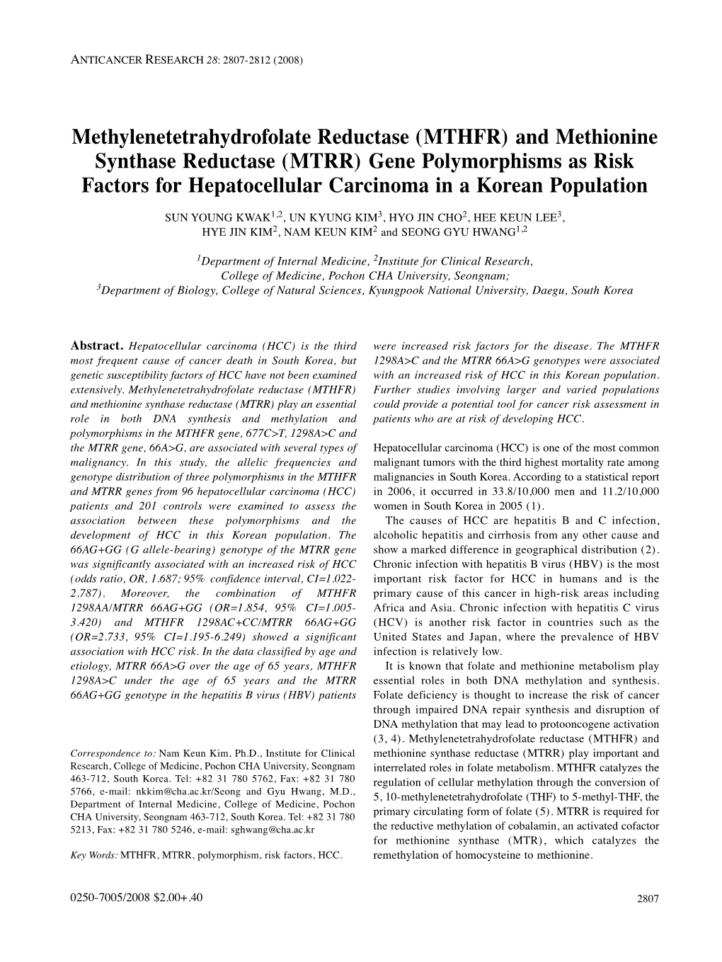 MTHFR) and Methionine Synthase Reductase (MTRR