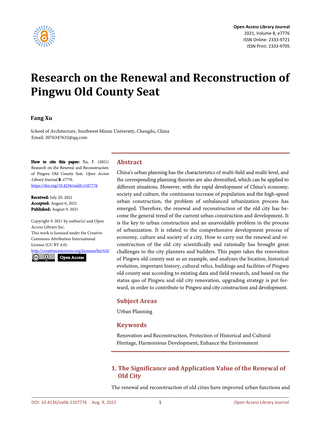 Research on the Renewal and Reconstruction of Pingwu Old County Seat